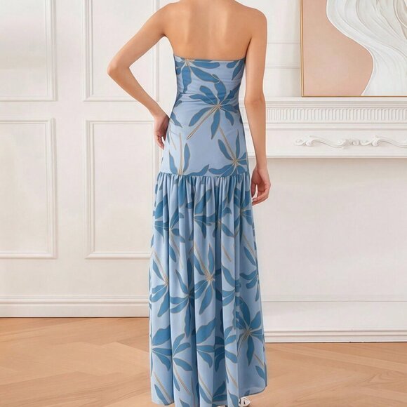 Blue Party Women's Strapless Floral Print High Split Maxi Dress - Picture 5 of 6